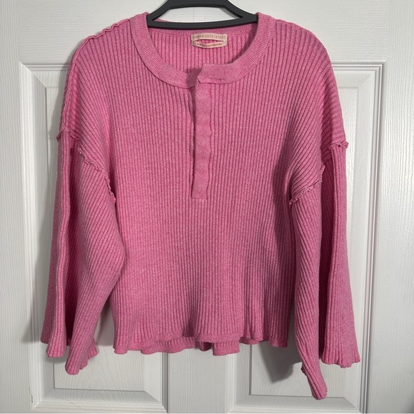Urban Outfitters pink cropped henley, size M, oversized bell sleeves, inside out - Picture 1 of 14